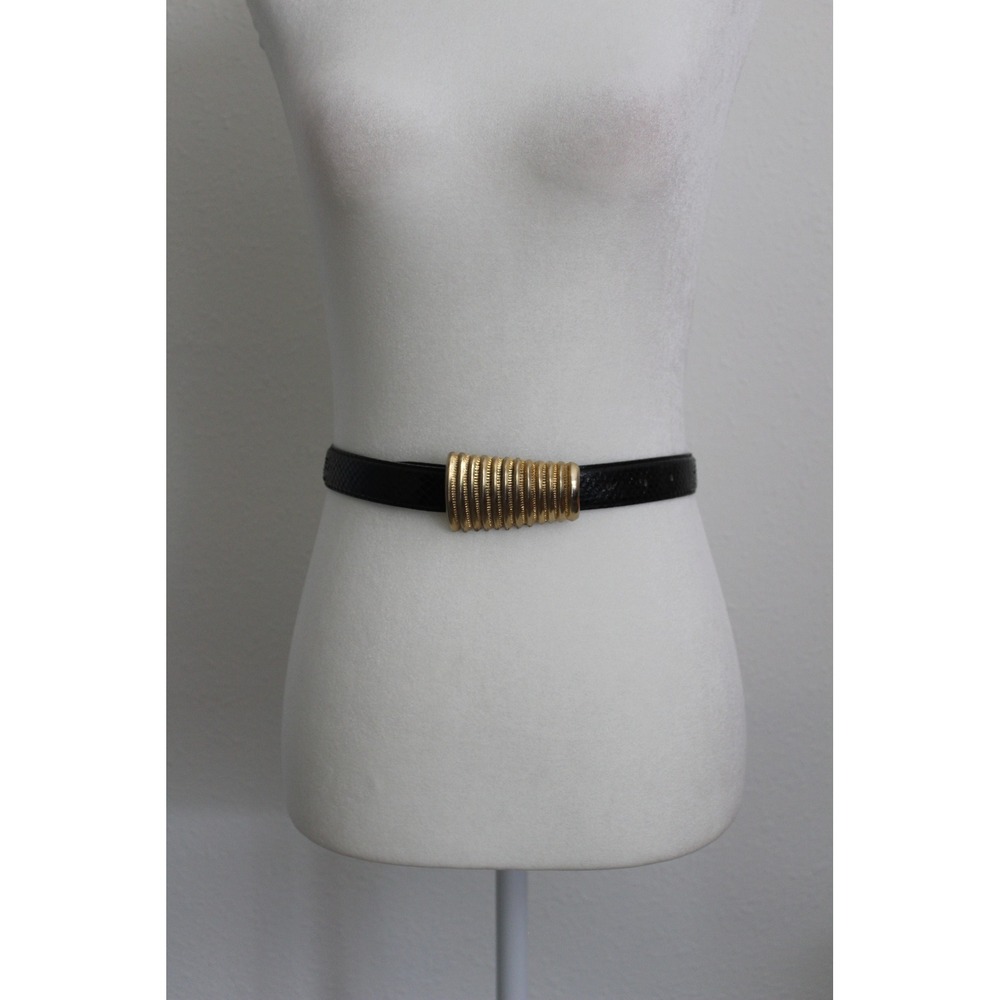 VTG Leather Shop Genuine Snake Skin Belt Black Gold Ribbed Buckle Small 7216S